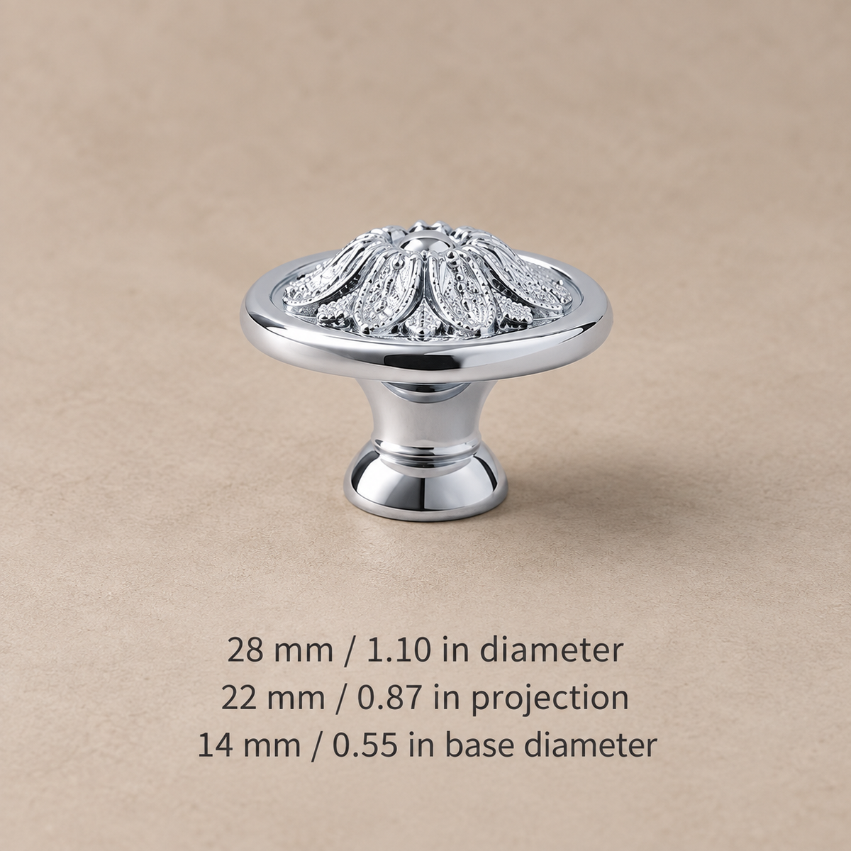 Solid brass cabinet knob — silver floral28 — dimensions in millimetres and inches