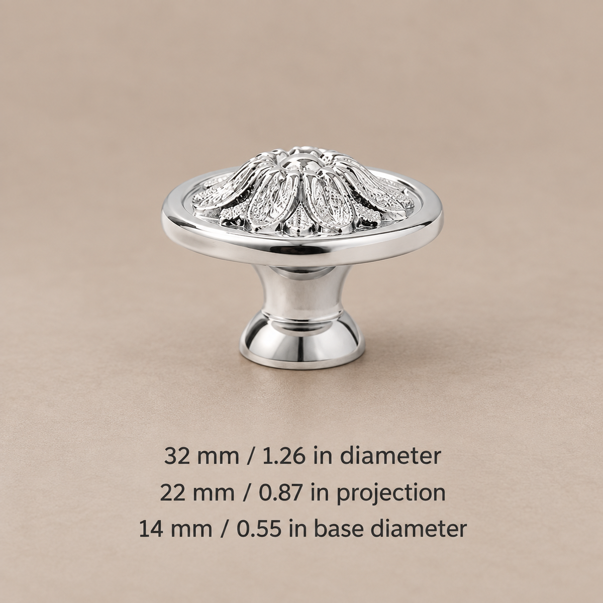 Solid brass cabinet knob — silver floral32 — dimensions in millimetres and inches