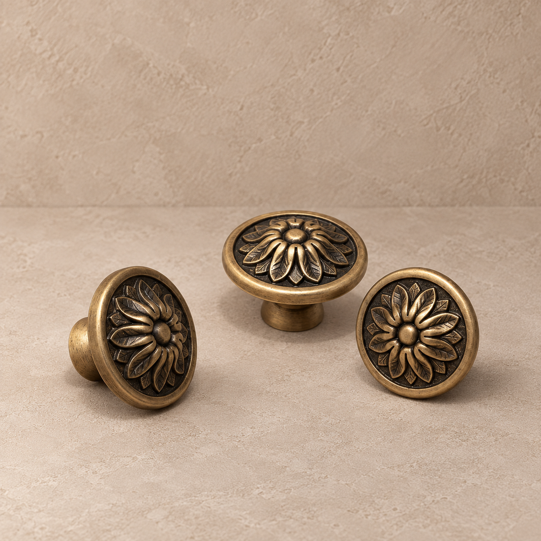 Solid Brass Cabinet Knob — Luxury Finish on a deep olive studio background