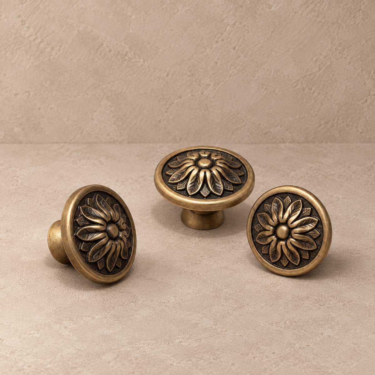 Solid brass cabinet knob — support — studio product view