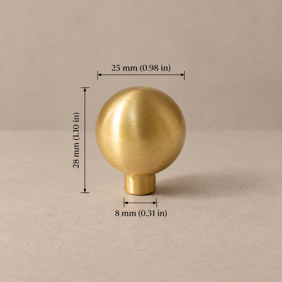 Solid Polished Brass Round Cabinet Knob — Minimalist Ball Design — ball-25mm-projection-28mm