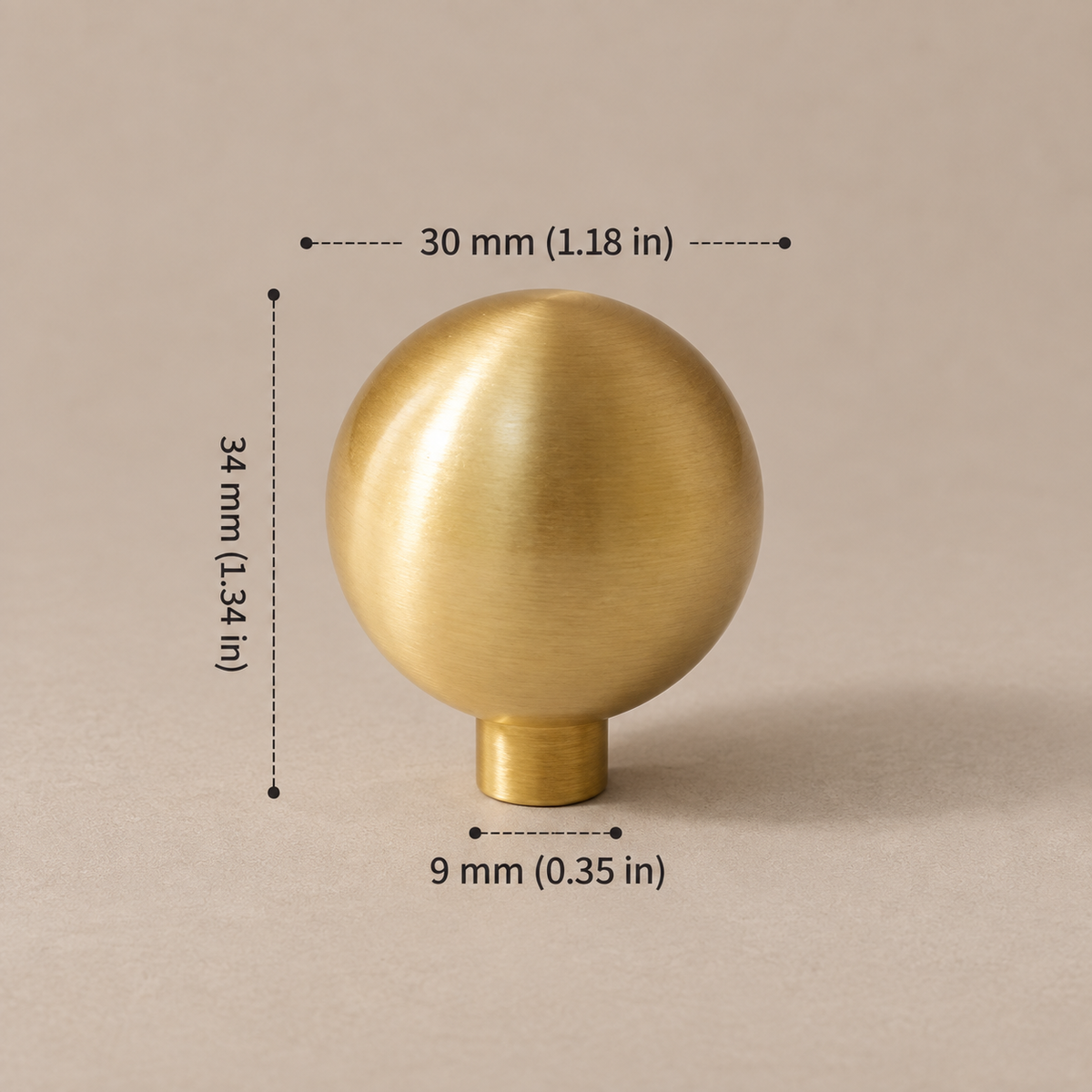 Solid Polished Brass Round Cabinet Knob — Minimalist Ball Design — ball-30mm-projection-34mm