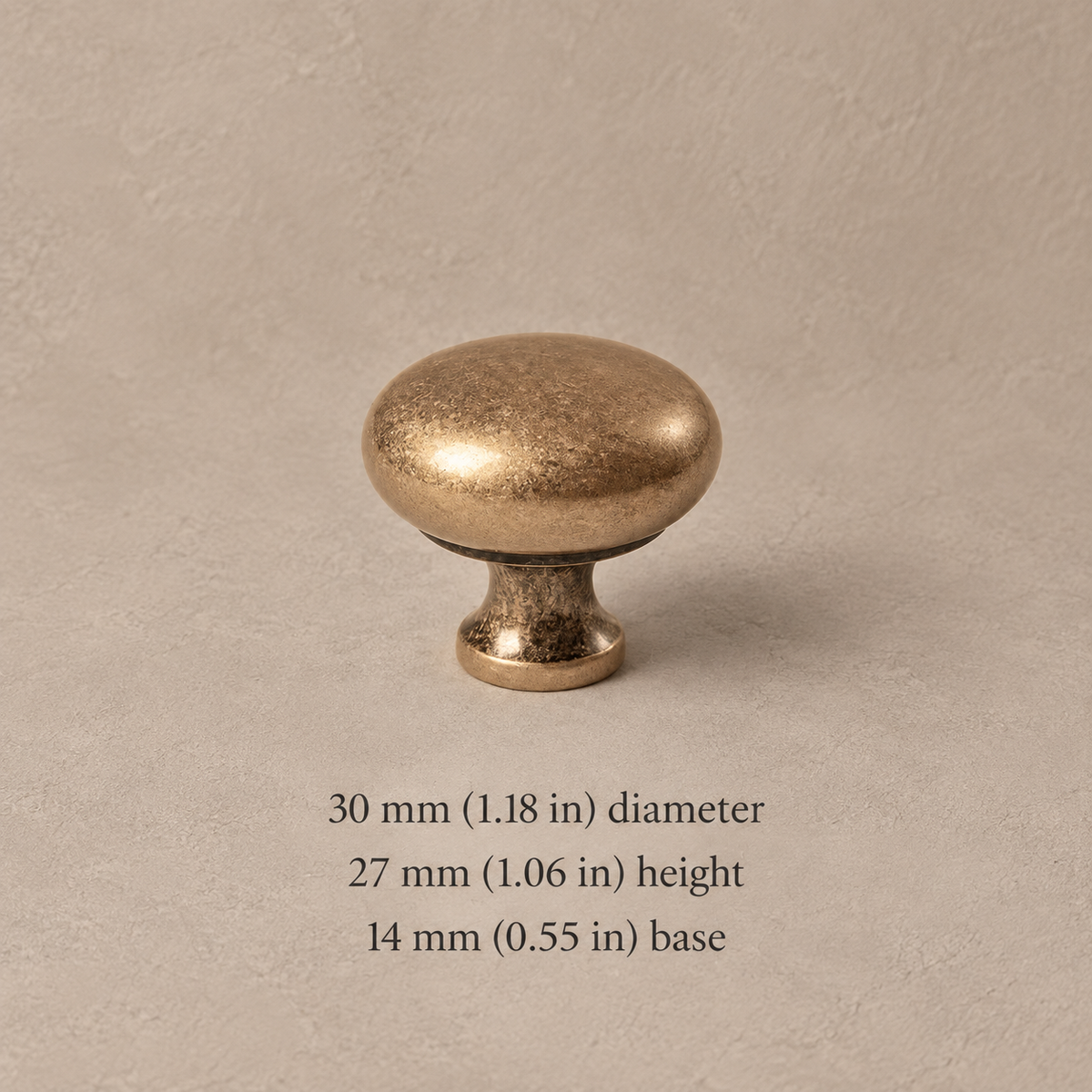 Aged antique brass mushroom knob, 30 mm (1.18 in) diameter