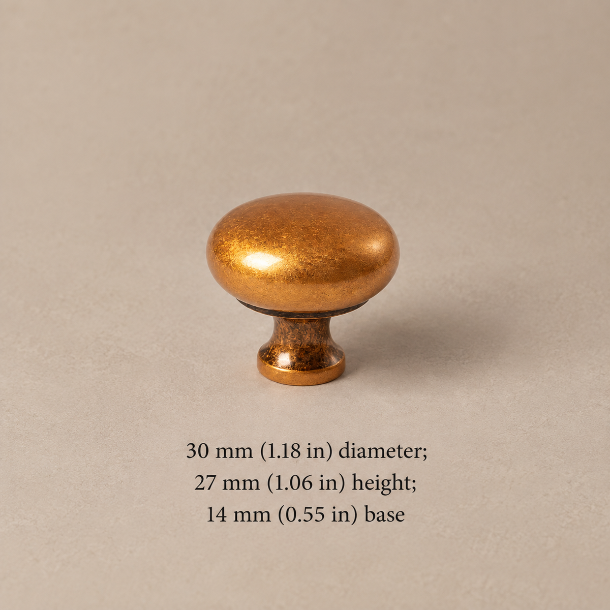 Warm antique brass mushroom knob, 30 mm (1.18 in) diameter