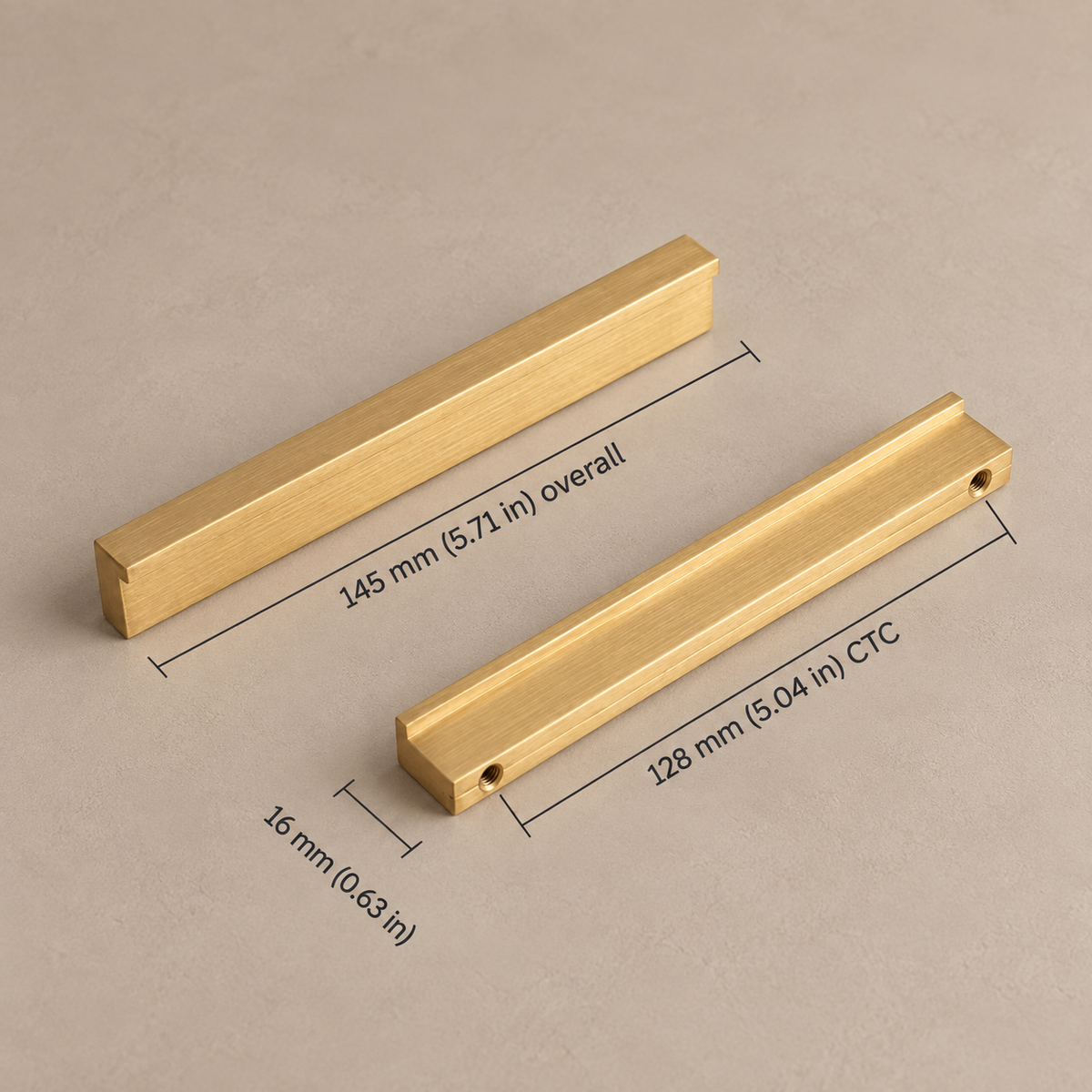 Extra-Long Brushed Brass Cabinet Pull — Modular Modern Handle — brushed-brass-16mm-profile-128mm-ctc