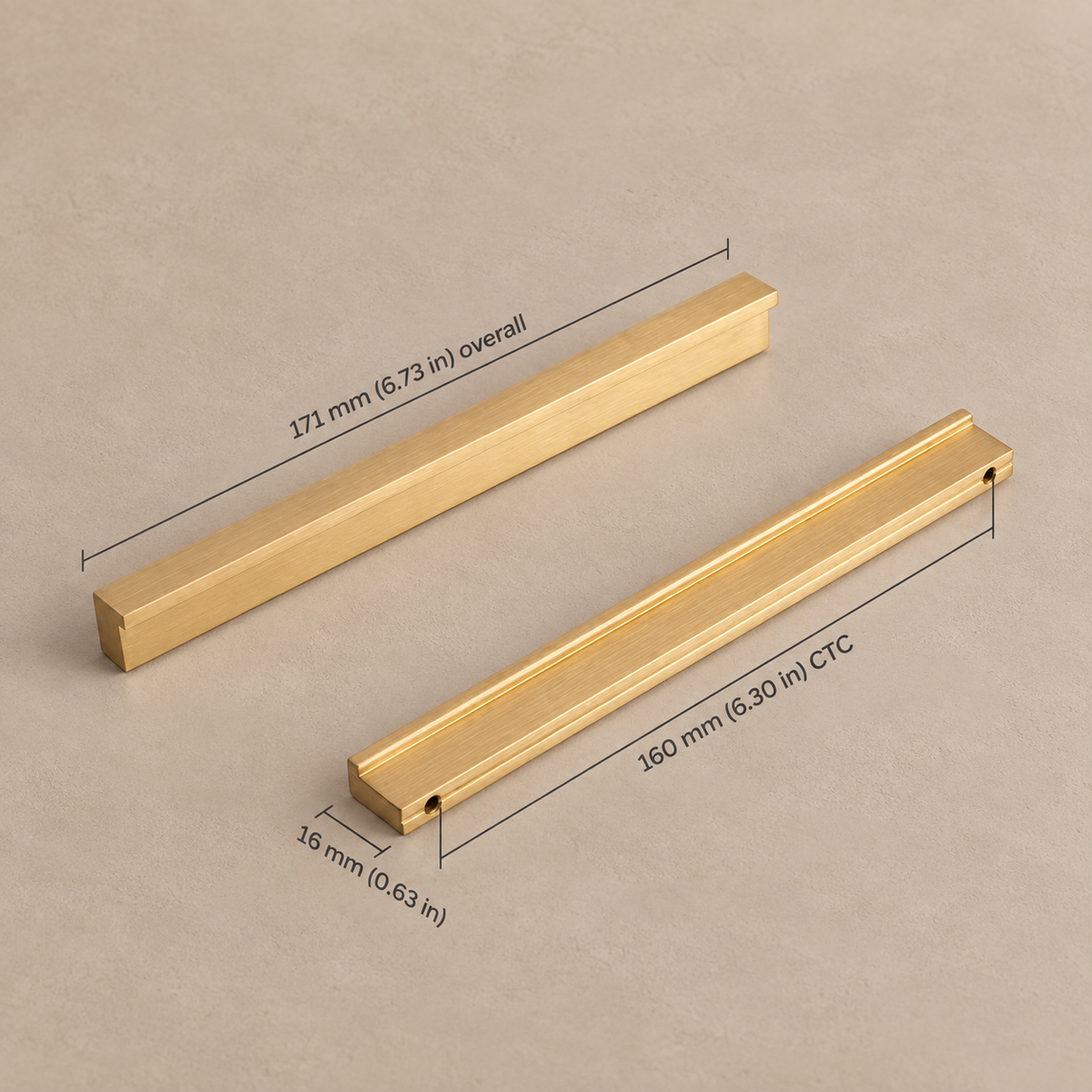 Extra-Long Brushed Brass Cabinet Pull — Modular Modern Handle — brushed-brass-16mm-profile-160mm-ctc