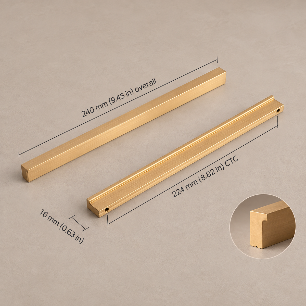 Extra-Long Brushed Brass Cabinet Pull — Modular Modern Handle — brushed-brass-16mm-profile-224mm-ctc