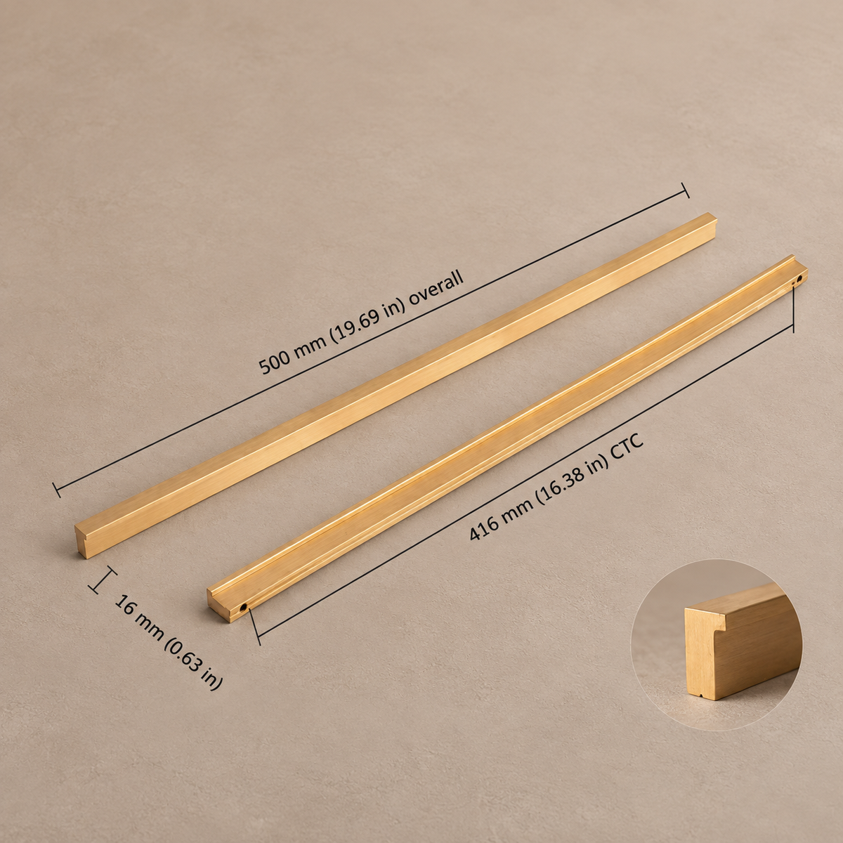 Extra-Long Brushed Brass Cabinet Pull — Modular Modern Handle — brushed-brass-16mm-profile-416mm-ctc
