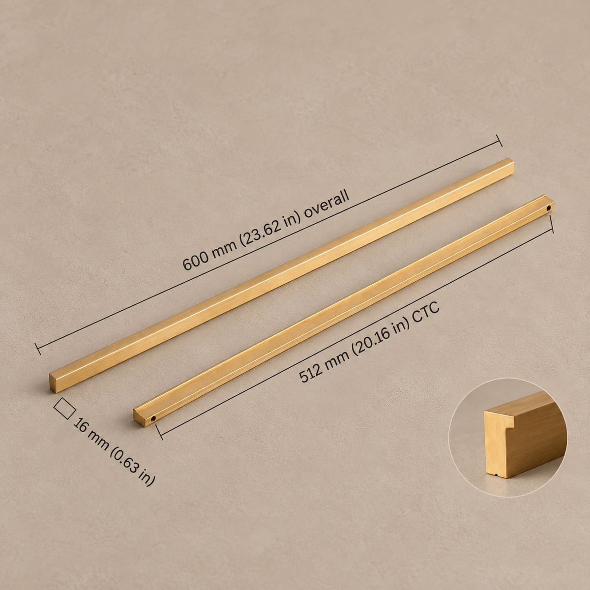 Extra-Long Brushed Brass Cabinet Pull — Modular Modern Handle — brushed-brass-16mm-profile-512mm-ctc