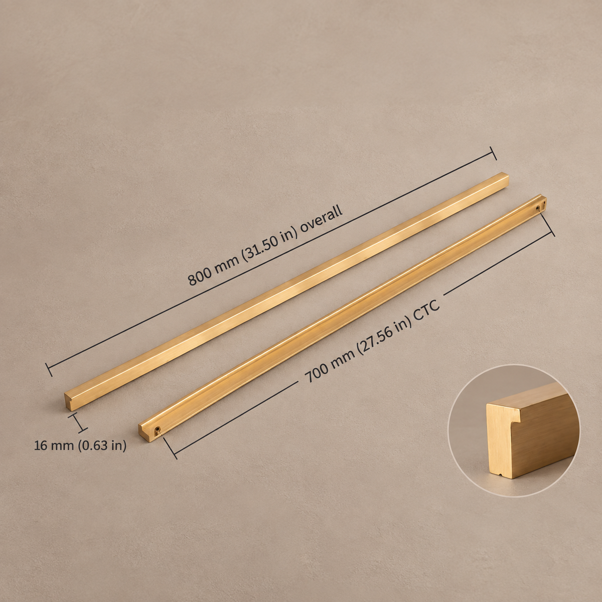 Extra-Long Brushed Brass Cabinet Pull — Modular Modern Handle — brushed-brass-16mm-profile-700mm-ctc