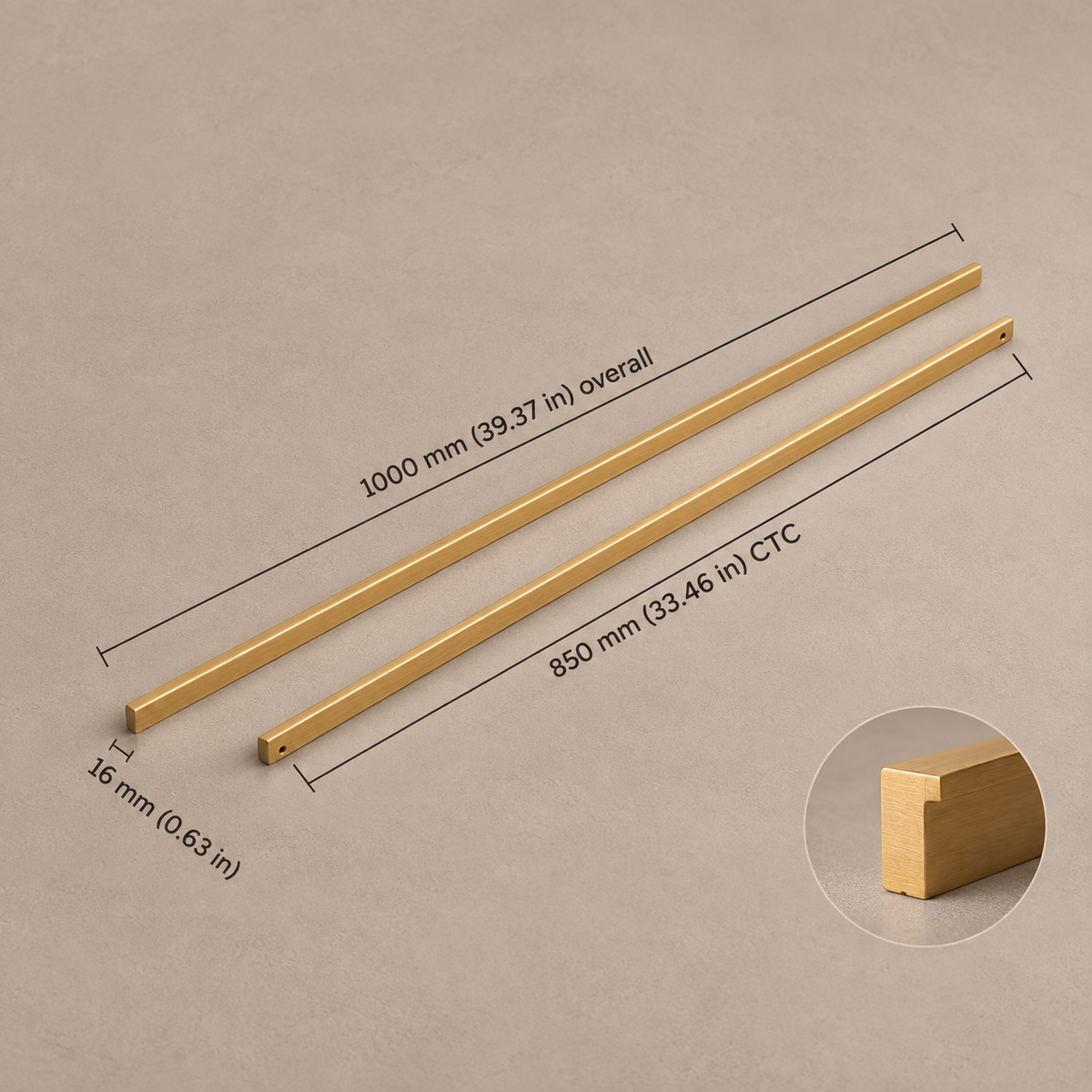Extra-Long Brushed Brass Cabinet Pull — Modular Modern Handle — brushed-brass-16mm-profile-850mm-ctc