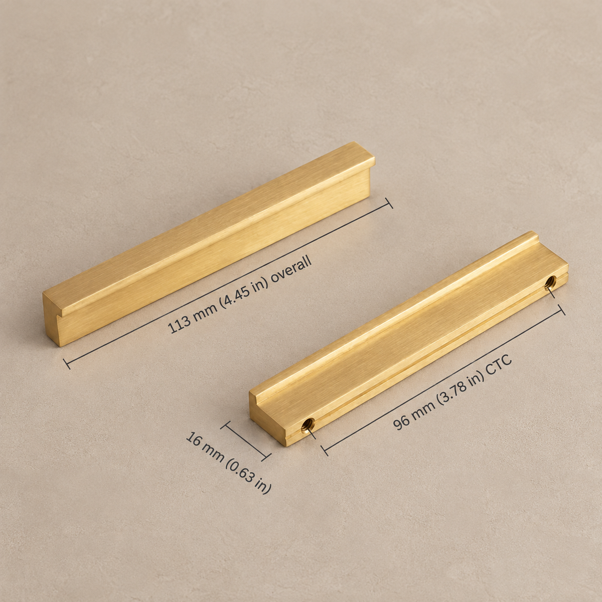 Extra-Long Brushed Brass Cabinet Pull — Modular Modern Handle — brushed-brass-16mm-profile-96mm-ctc