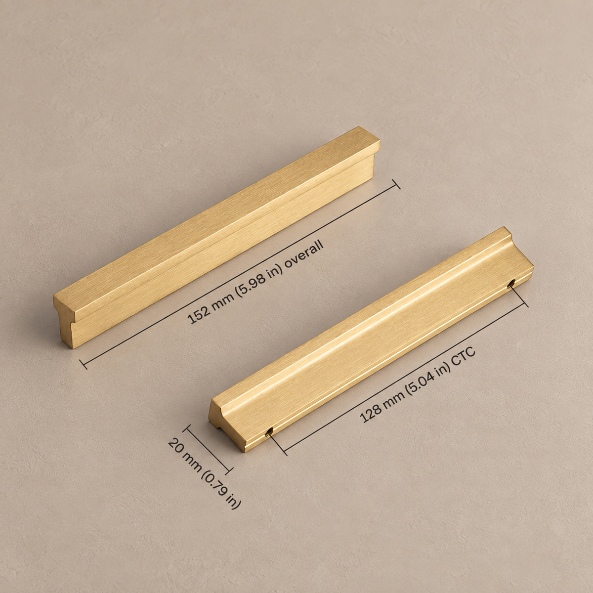 Extra-Long Brushed Brass Cabinet Pull — Modular Modern Handle — brushed-brass-20mm-profile-128mm-ctc