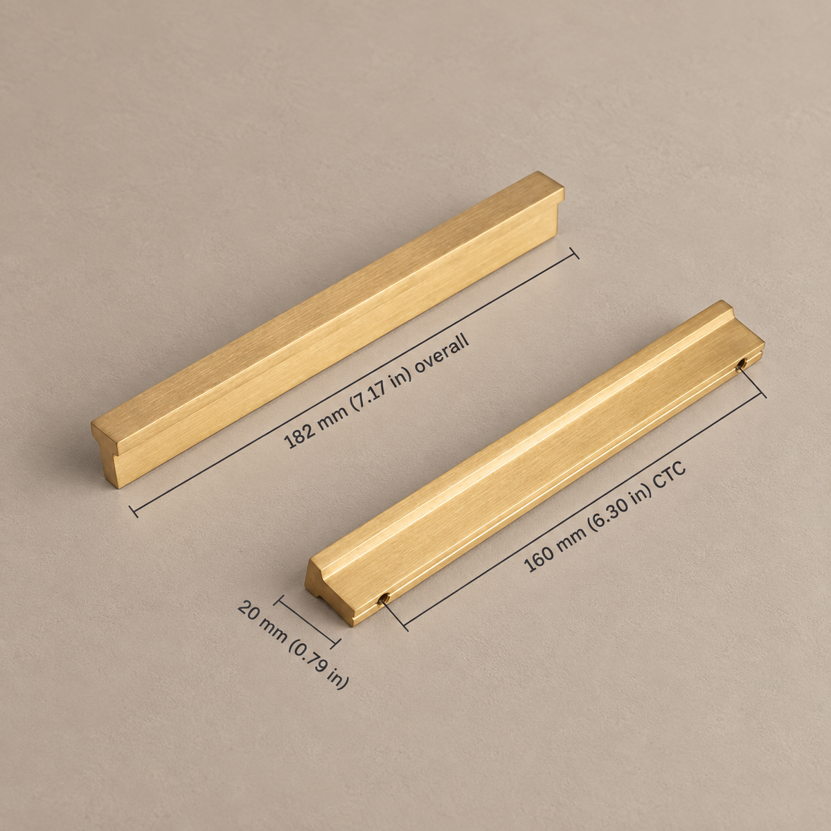 Extra-Long Brushed Brass Cabinet Pull — Modular Modern Handle — brushed-brass-20mm-profile-160mm-ctc