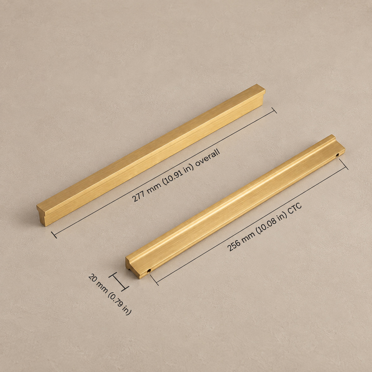 Extra-Long Brushed Brass Cabinet Pull — Modular Modern Handle — brushed-brass-20mm-profile-256mm-ctc