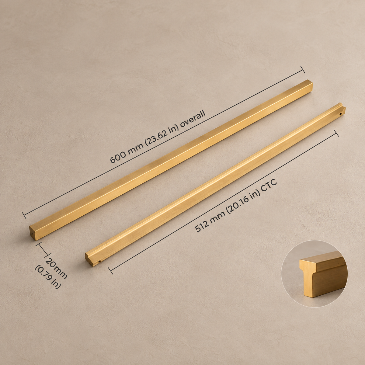 Extra-Long Brushed Brass Cabinet Pull — Modular Modern Handle — brushed-brass-20mm-profile-512mm-ctc