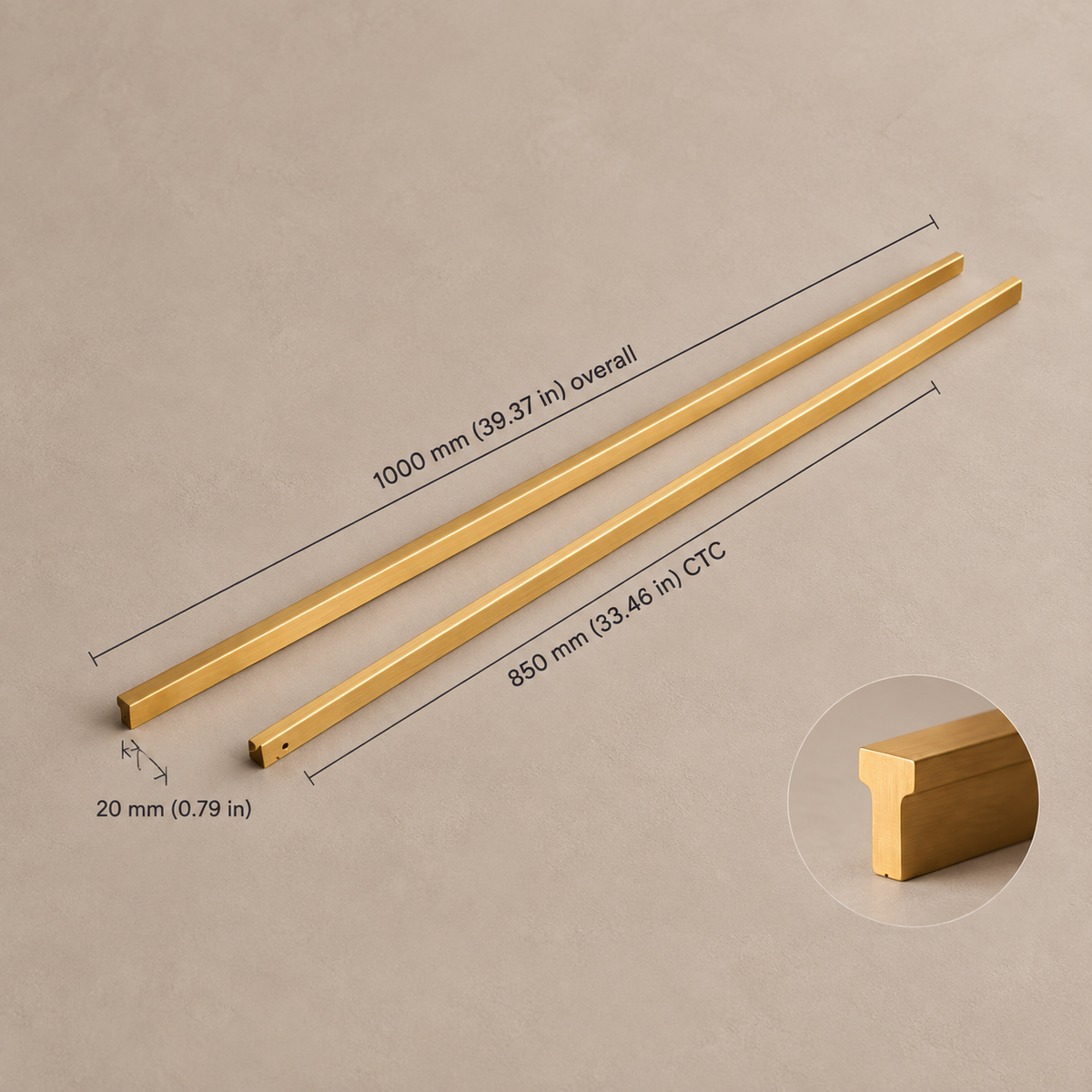 Extra-Long Brushed Brass Cabinet Pull — Modular Modern Handle — brushed-brass-20mm-profile-850mm-ctc