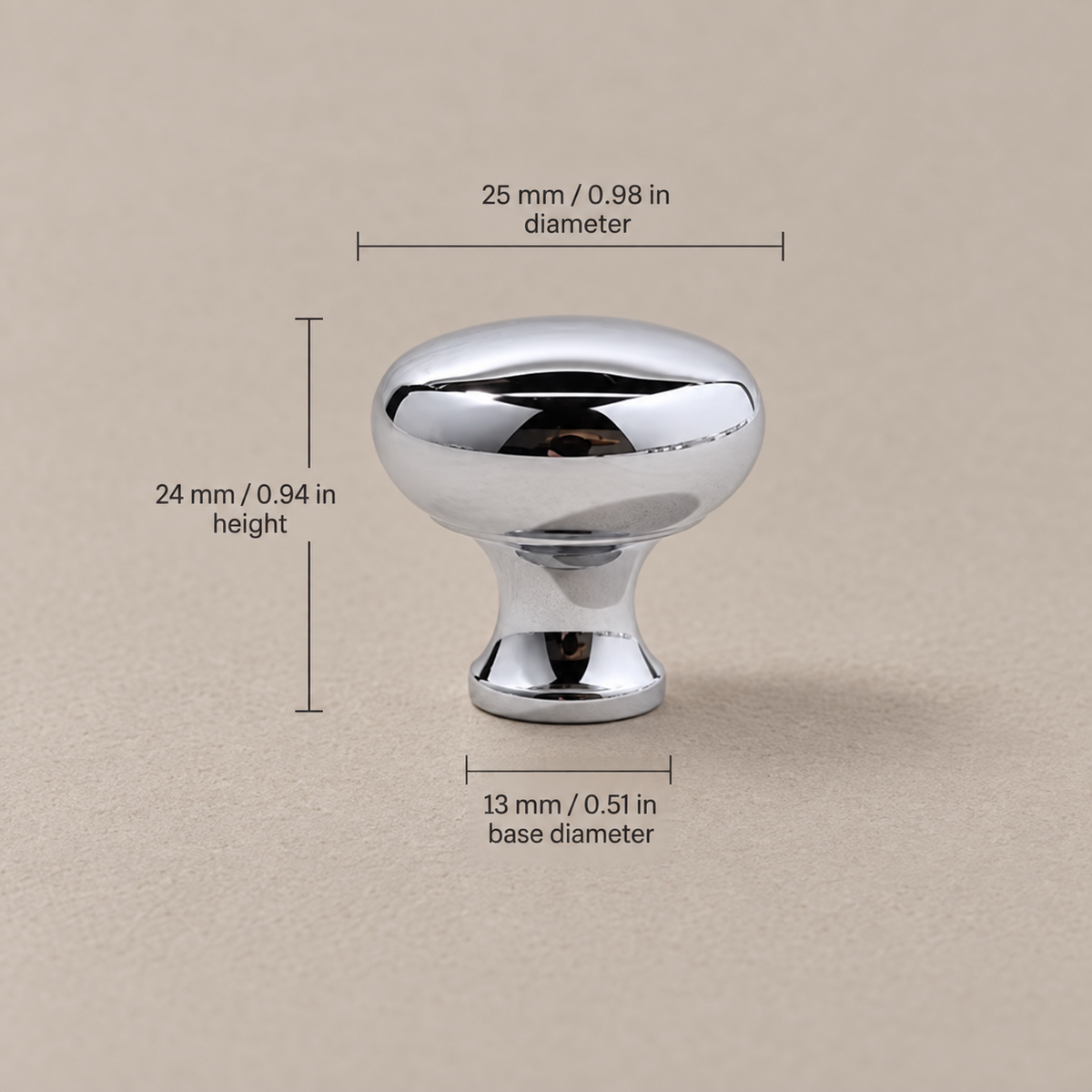 Chrome cabinet knob dimensions, 25 mm diameter and 24 mm height