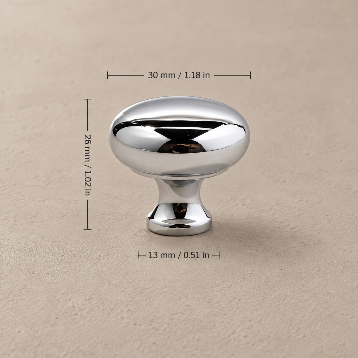 Chrome cabinet knob dimensions, 30 mm diameter and 26 mm height