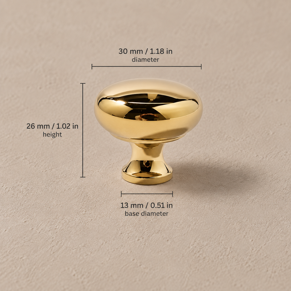Gold cabinet knob dimensions, 30 mm diameter and 26 mm height
