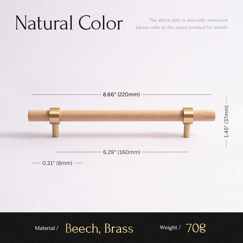 Measurement chart of a wooden and brass handle with dimensions and material details.
