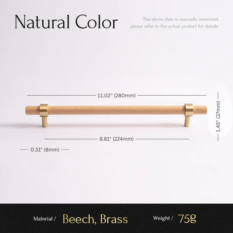 Cabinet handle with dimensions and material details on a white background