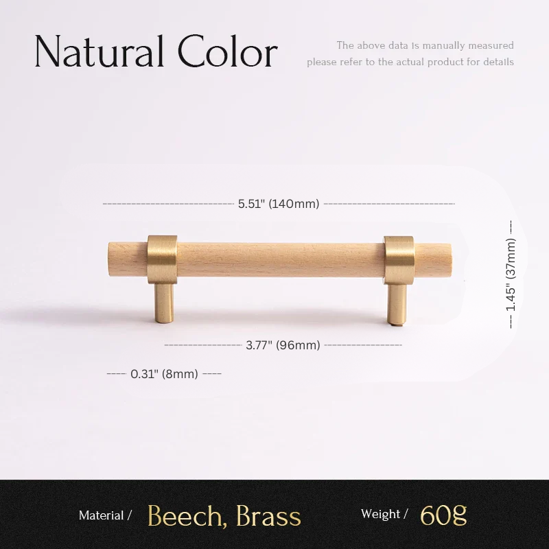 Wooden and brass cabinet handle with dimensions and material details on a light purple background
