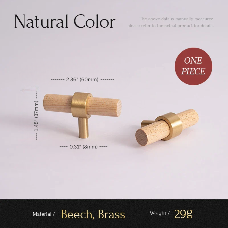 Two wooden and brass fixtures with measurements and material details on a light gray background.
