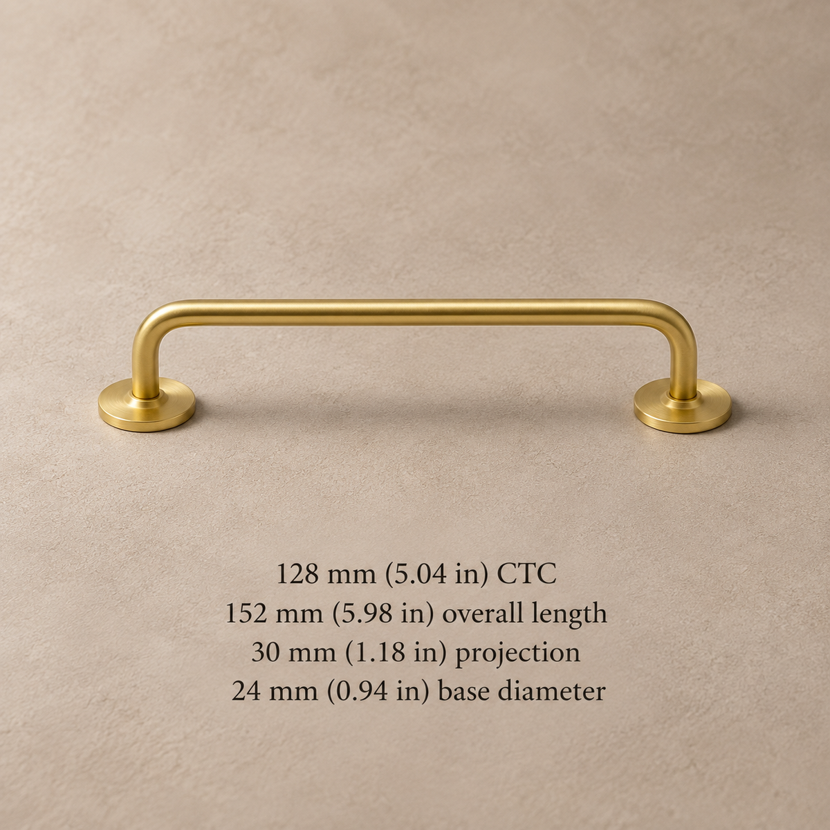 128 mm CTC brass Nordic cabinet pull with millimetre and inch dimensions