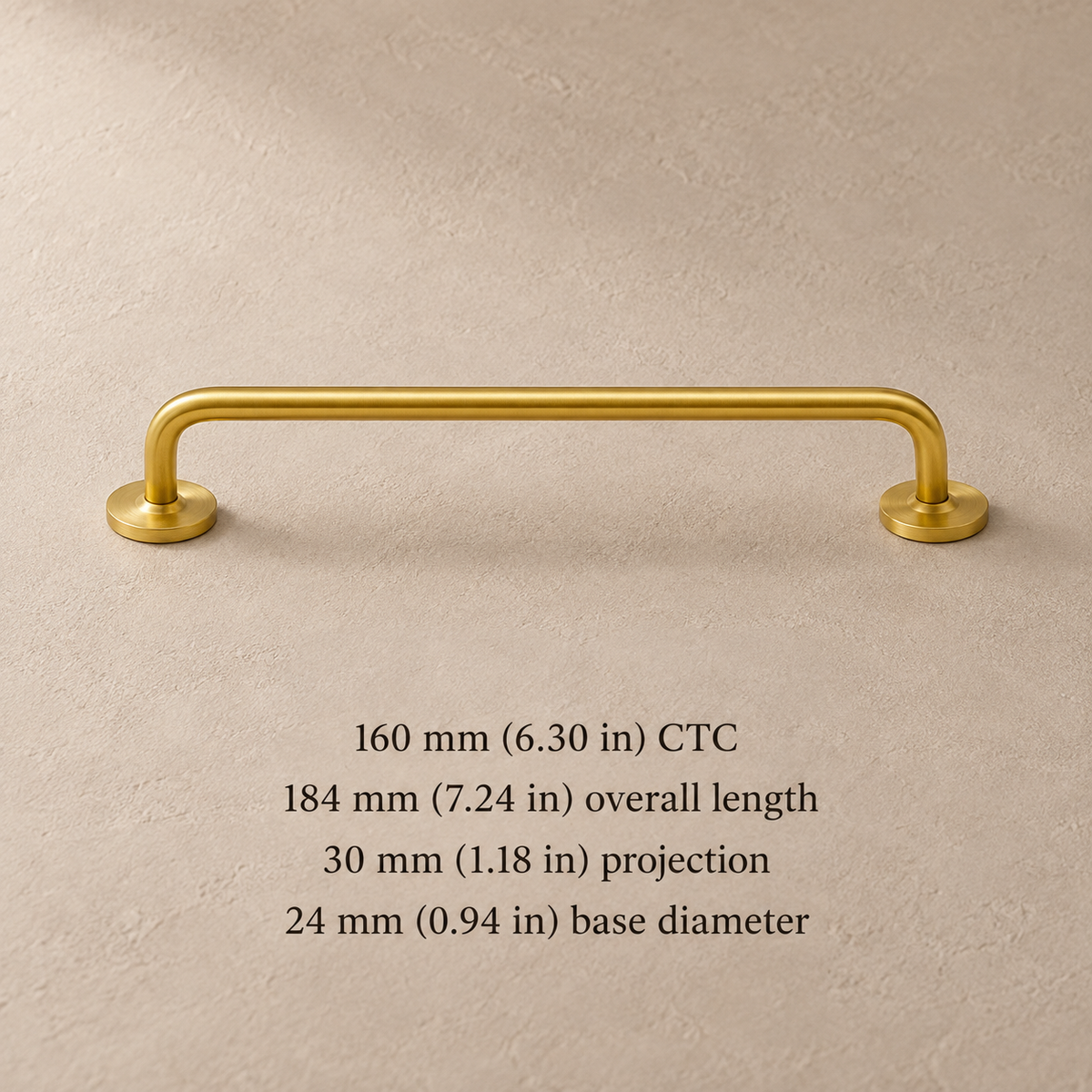 160 mm CTC brass Nordic cabinet pull with millimetre and inch dimensions