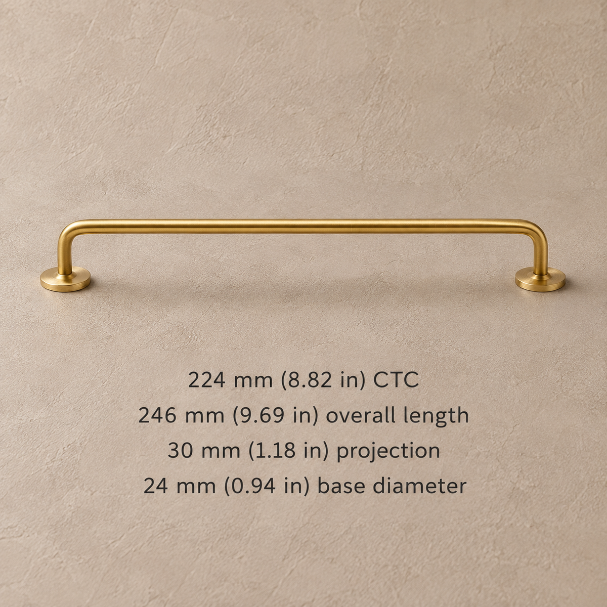 224 mm CTC brass Nordic cabinet pull with millimetre and inch dimensions