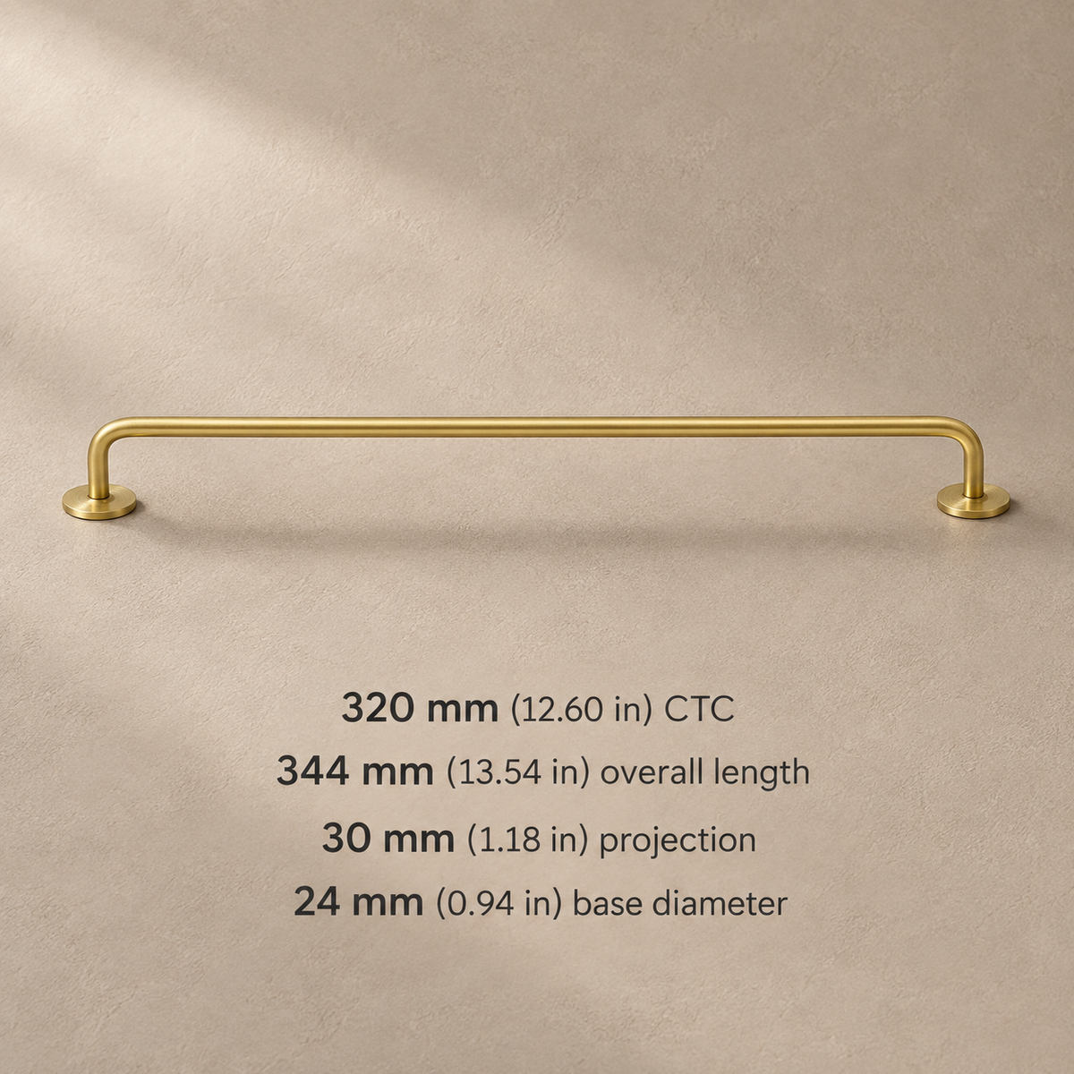 320 mm CTC brass Nordic cabinet pull with millimetre and inch dimensions
