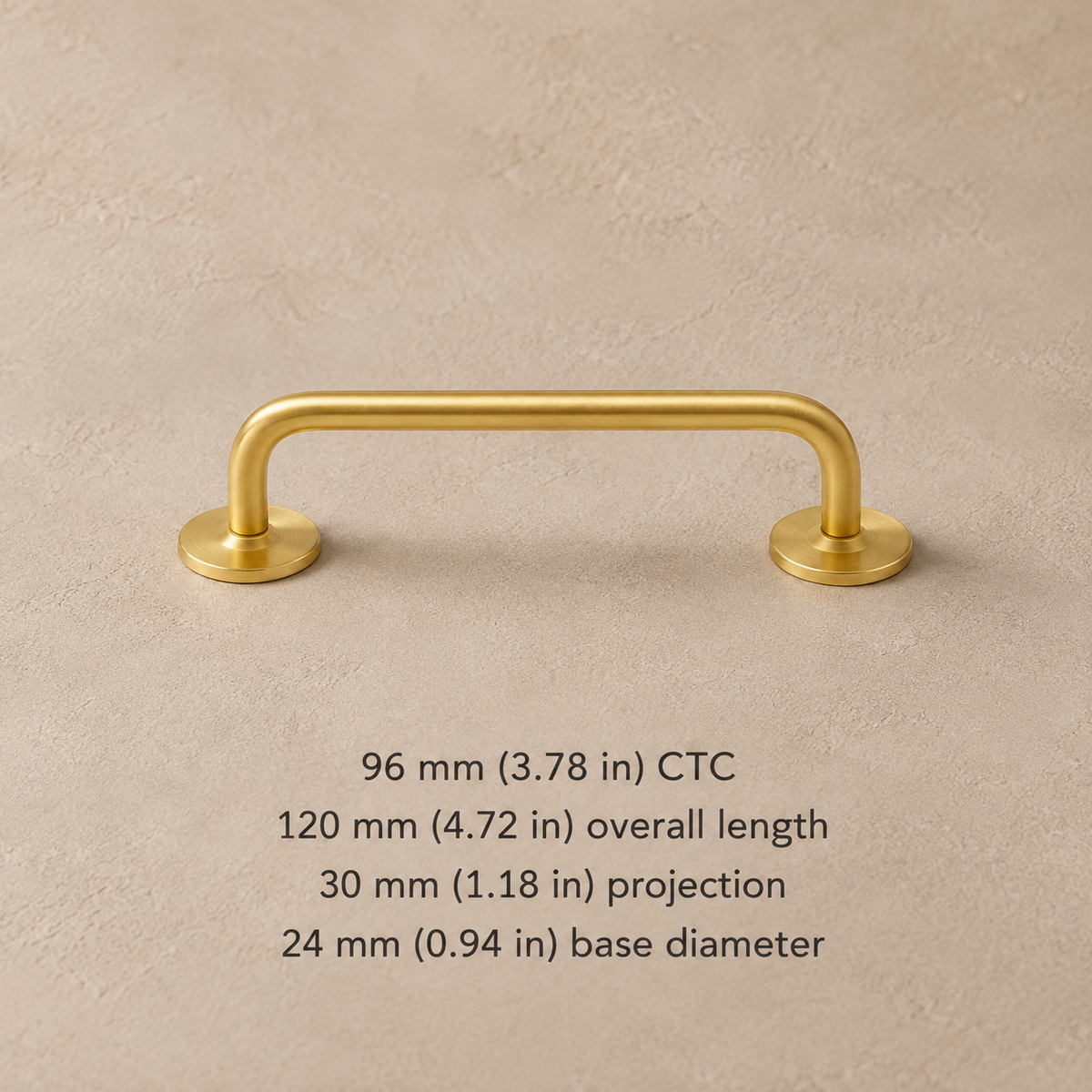 96 mm CTC brass Nordic cabinet pull with millimetre and inch dimensions