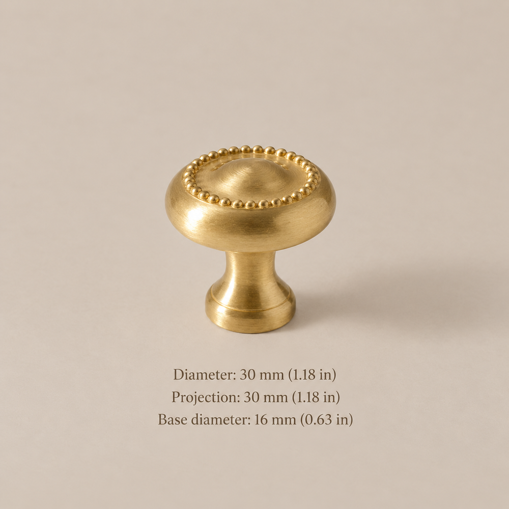 Brushed brass beaded cabinet knob, 30 mm diameter and projection with 16 mm base, measurements in millimetres and inches