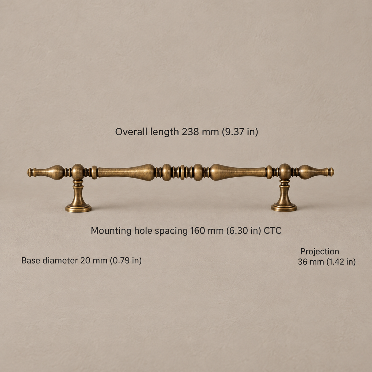Ornate Spindle Cabinet Pull & Knob — Antique Brass — spindle-160