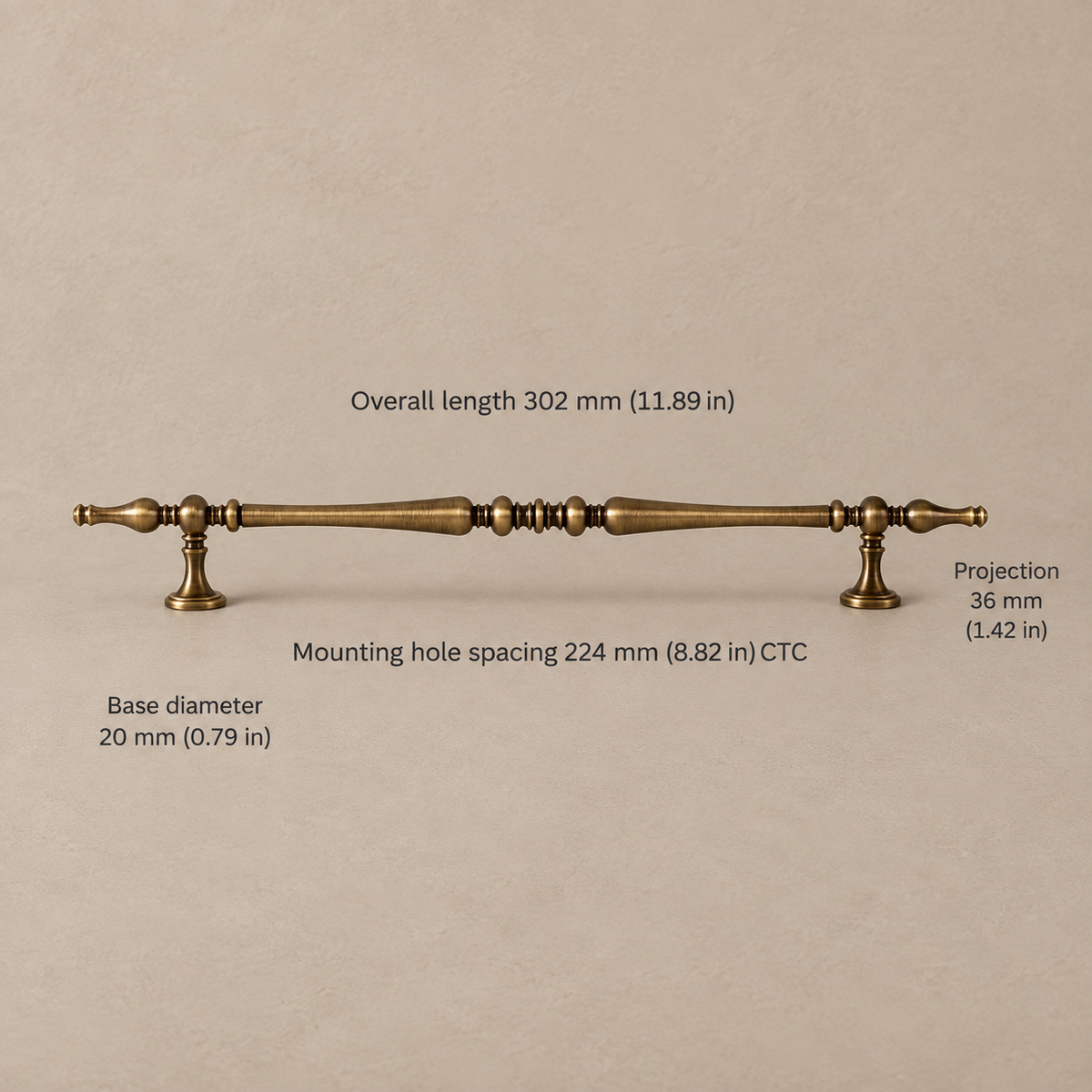 Ornate Spindle Cabinet Pull & Knob — Antique Brass — spindle-224
