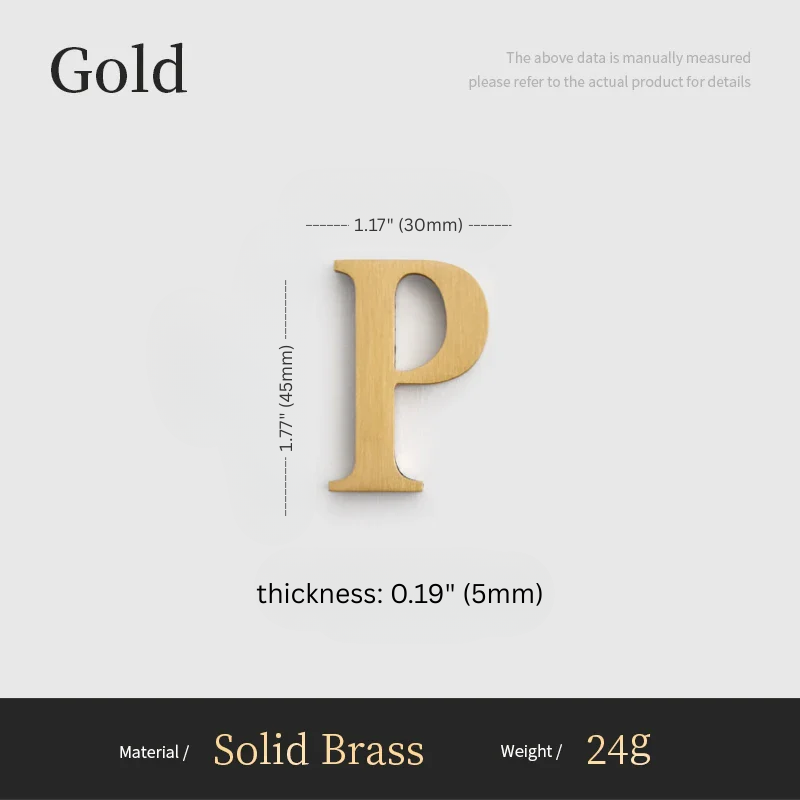 Gold letter 'P' with measurements on a gray background