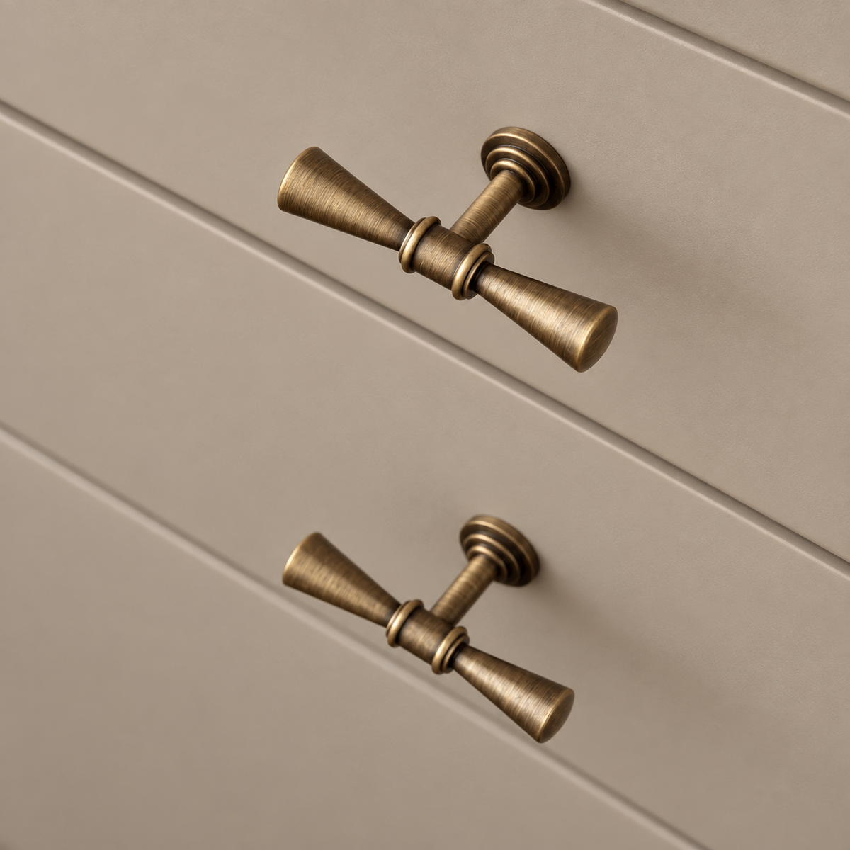 Antique Brass Pendant Solid Brass Cabinet Pulls & Knobs — installed-t-knob-detail