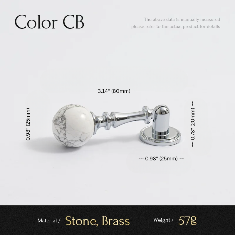 Measurement chart of a decorative knob with marble ball and brass finish on a white background.