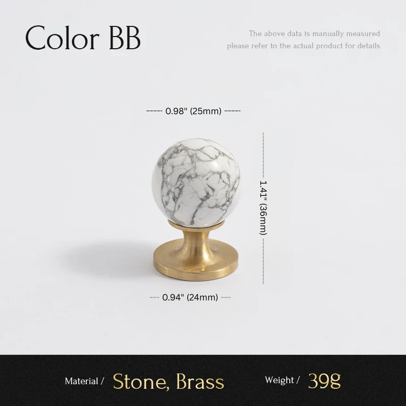 Marble knob with brass base and measurements on a white background