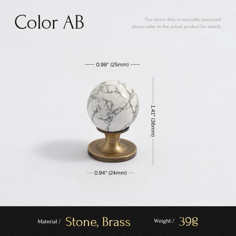 Marble knob with brass base on a white background, showing measurements and material details.