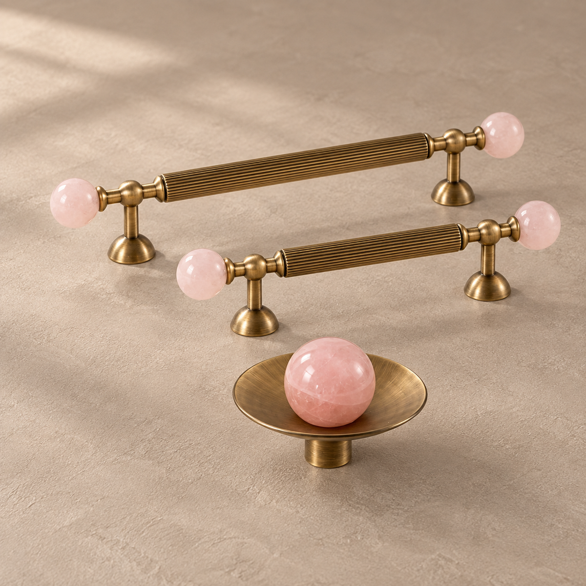 Pink Crystal Ball Brass Cabinet Knob & Ribbed Drawer Pull — collection-studio