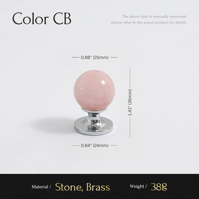 Pink spherical object on a metallic base with measurements and material details on a white background