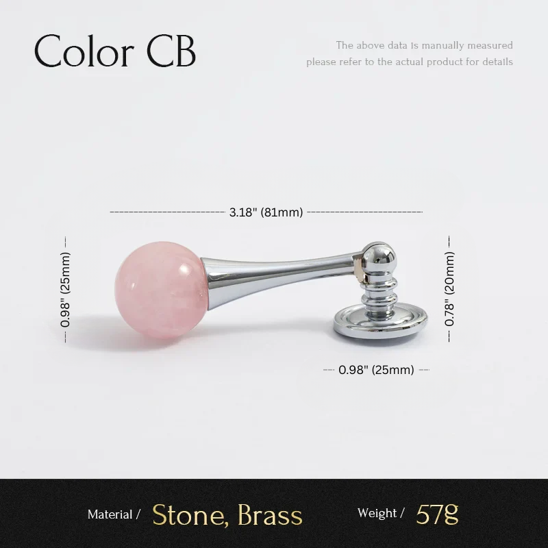 Measurement chart of a pink stone handle with silver accents on a white background.