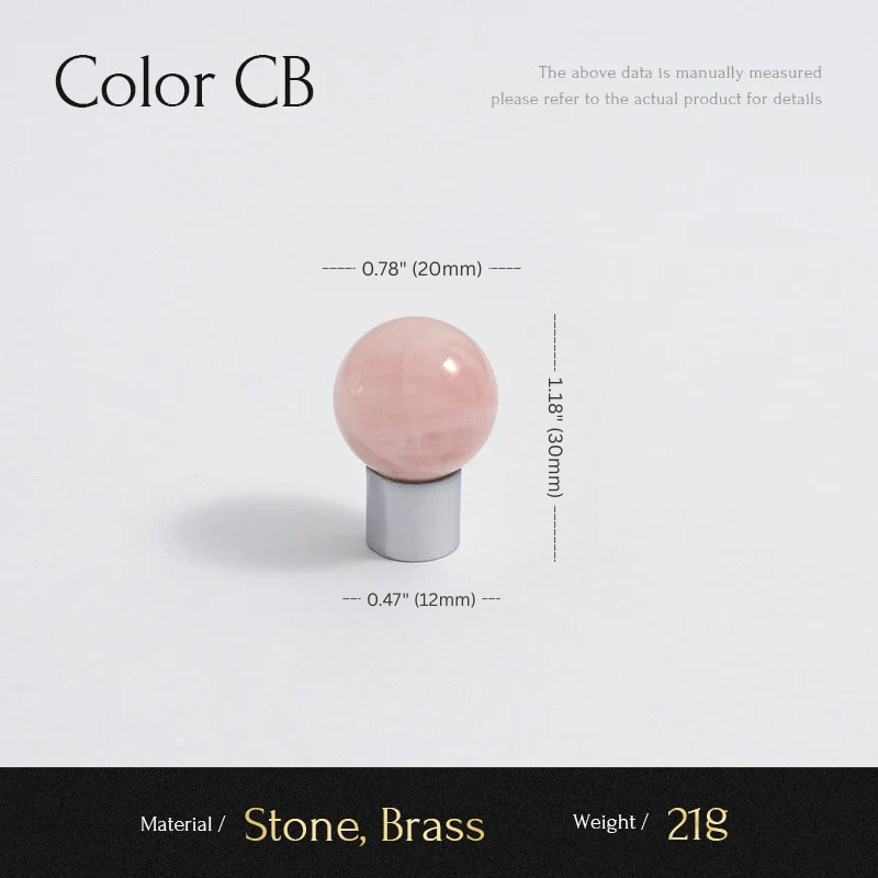 Pink stone on a silver base with measurements and product details on a light gray background