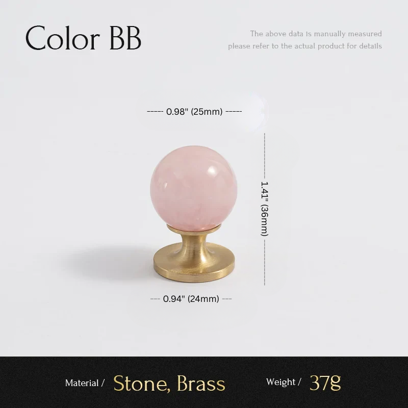 Pink stone knob on brass base with measurements and material details on a white background
