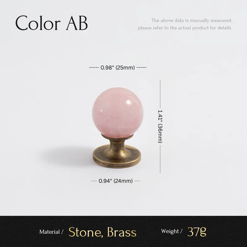 Pink stone knob with brass base on a white background, showing measurements and material details.