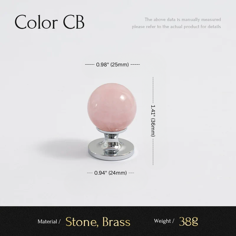 Pink spherical object with chrome base on a white background, showing measurements and material details.