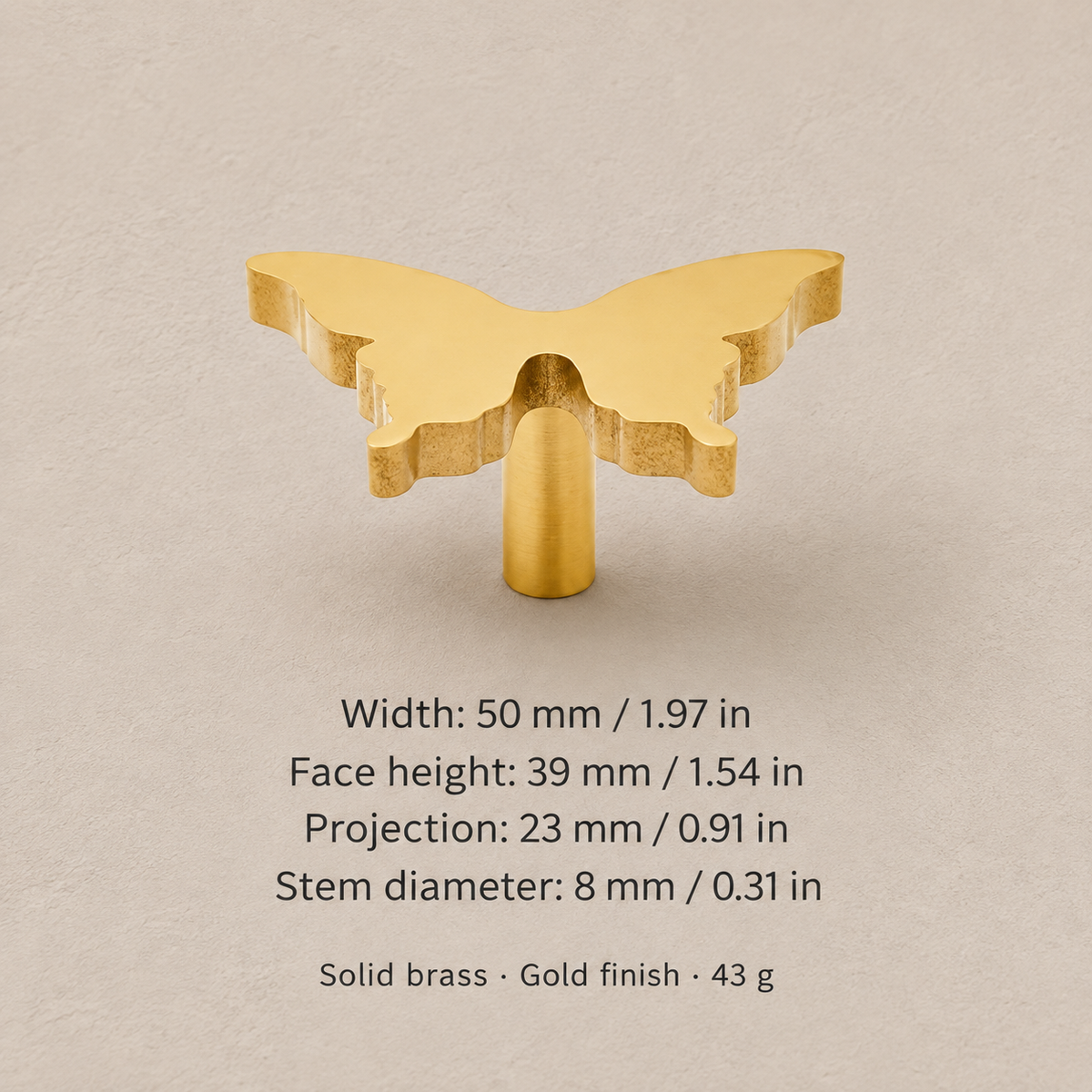 Butterfly knob dimensions: 50 by 39 mm, 23 mm projection, 8 mm stem
