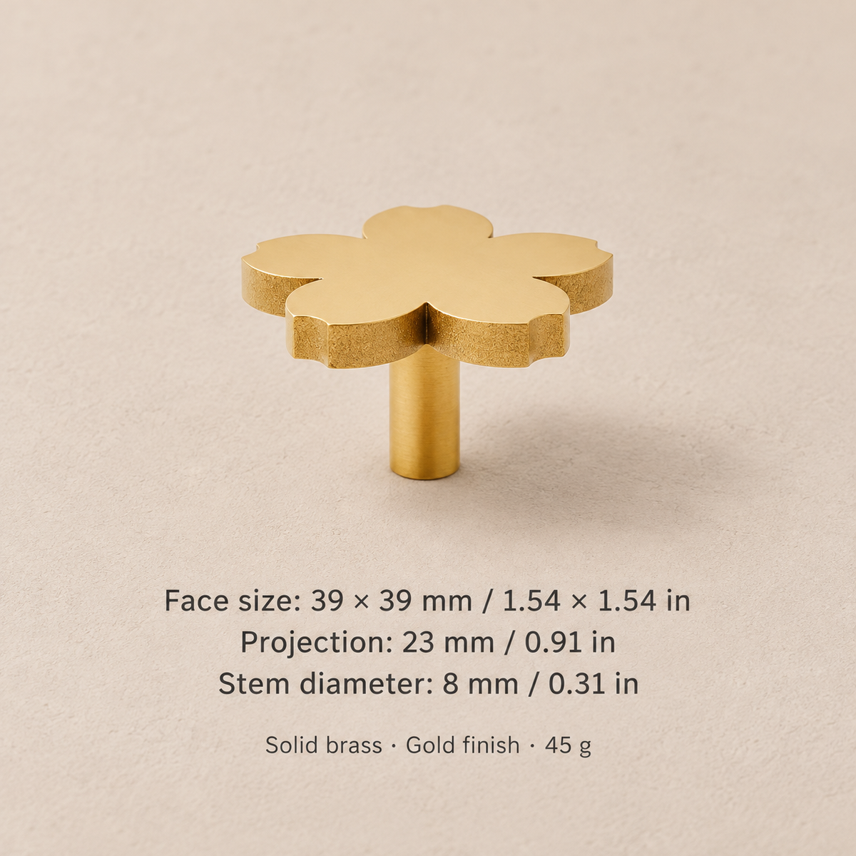 Cherry blossom knob dimensions: 39 by 39 mm face, 23 mm projection, 8 mm stem